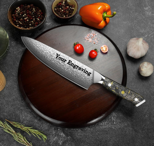 Engraved 8" Damascus Chef Knife Kitchen Gold Flake Resin Handle