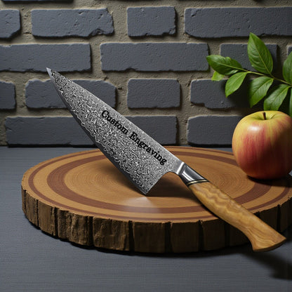 Engraved 8" Damascus Chef Knife Kitchen Olive Wood Handle