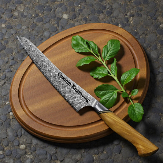 Engraved 8" Damascus Bread Knife Kitchen Olive Wood Handle