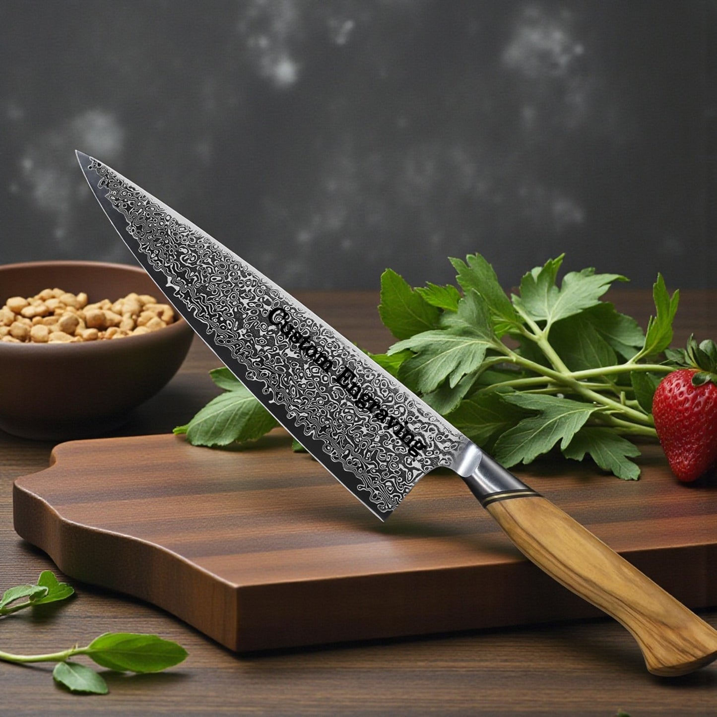 Engraved 10" Damascus Chef Guyto Knife Kitchen Olive Wood Handle