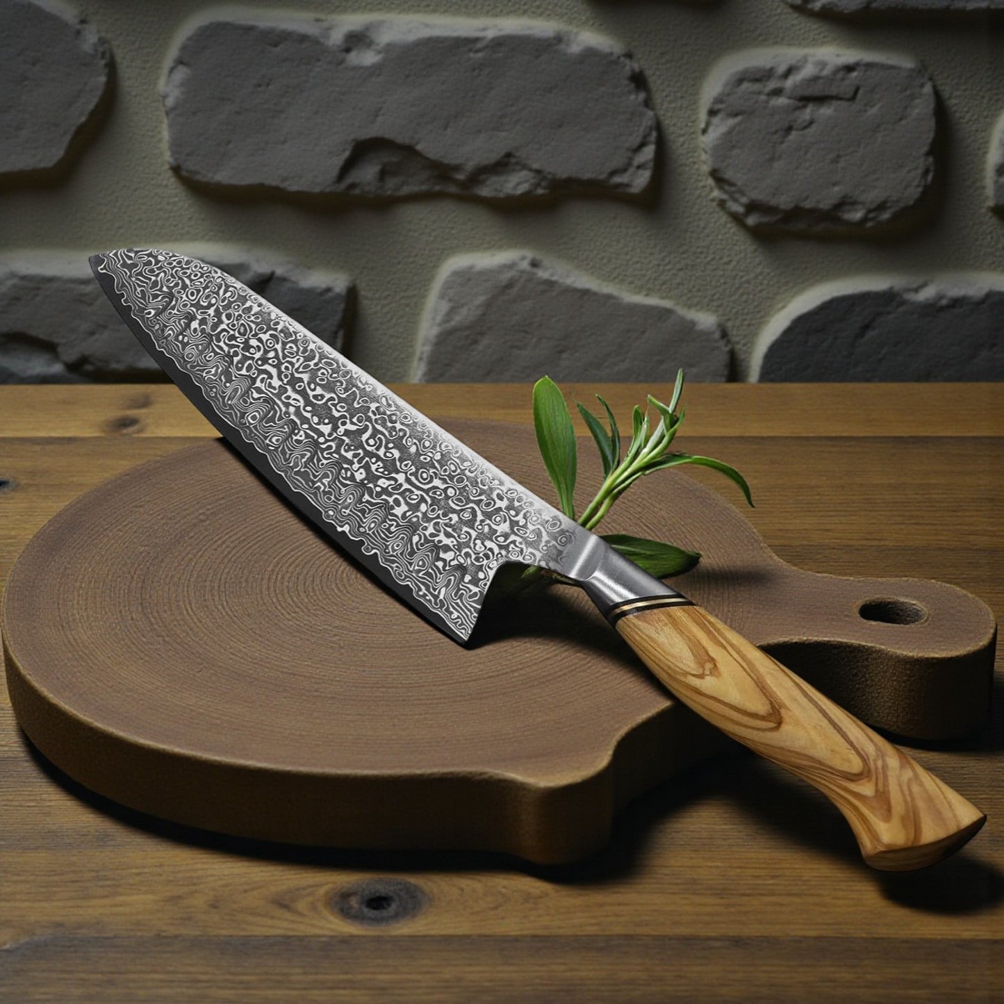 Engraved 7" Damascus Chef Santoku Knife Kitchen Olive Wood Handle
