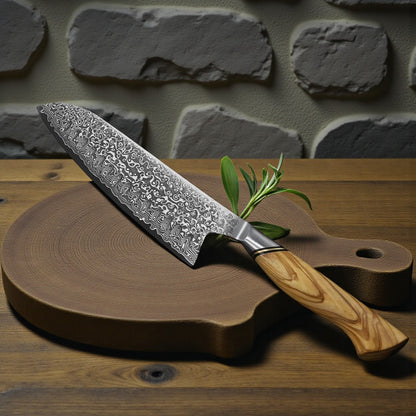 Engraved 7" Damascus Chef Santoku Knife Kitchen Olive Wood Handle