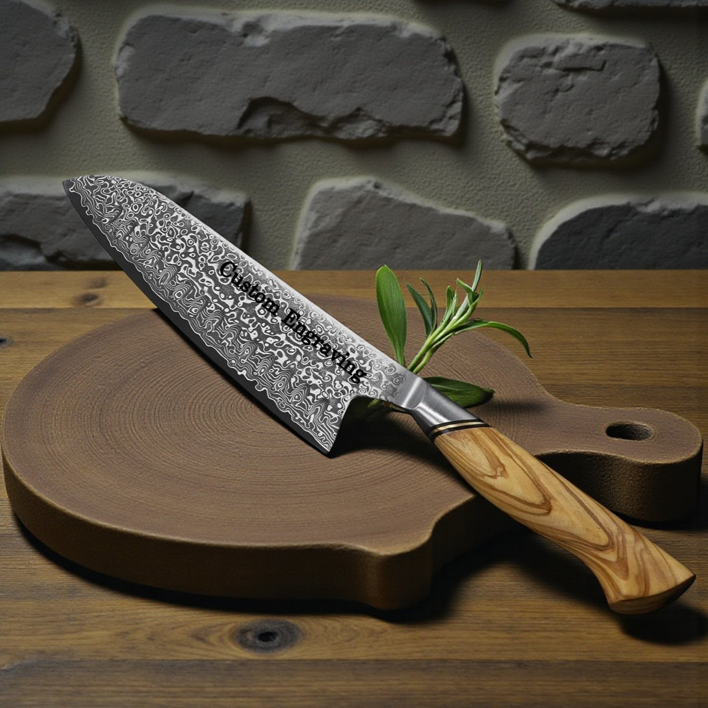 Engraved 7" Damascus Chef Santoku Knife Kitchen Olive Wood Handle