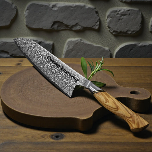 Engraved 7" Damascus Chef Santoku Knife Kitchen Olive Wood Handle