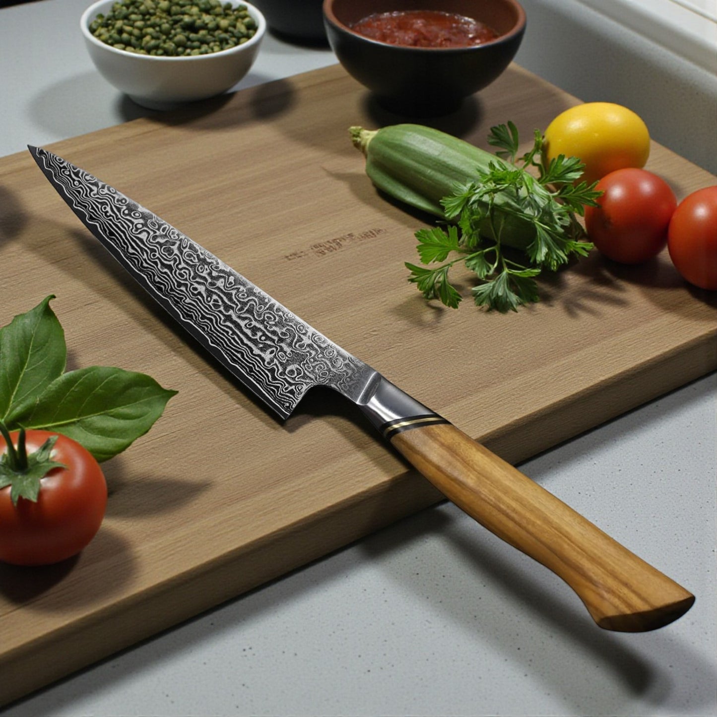 Engraved 5" Damascus Paring Knife Kitchen Olive Wood Handle