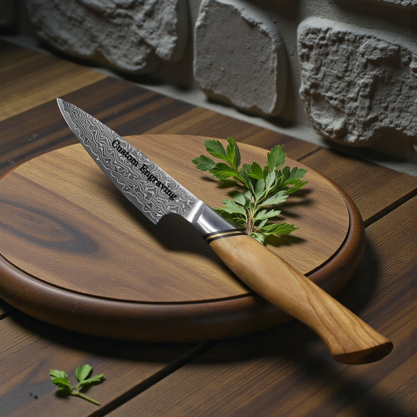 Engraved 3.7" Damascus Paring Knife Kitchen Olive Wood Handle