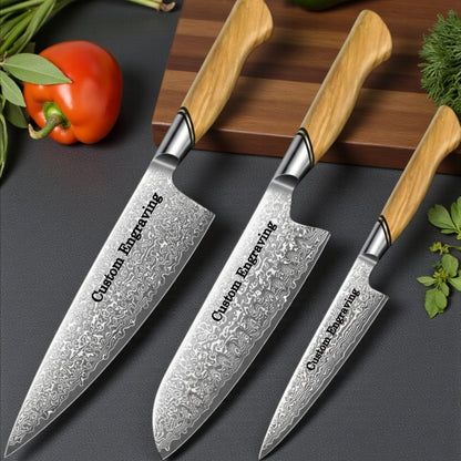 Engraved Damascus Chef Knife Set Kitchen Olive Wood Handle