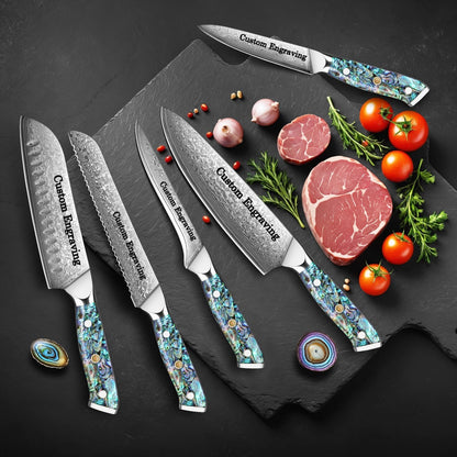 Engraved Damascus Knife Set Chef Kitchen Culinary Personalized Abalone Handle Knives