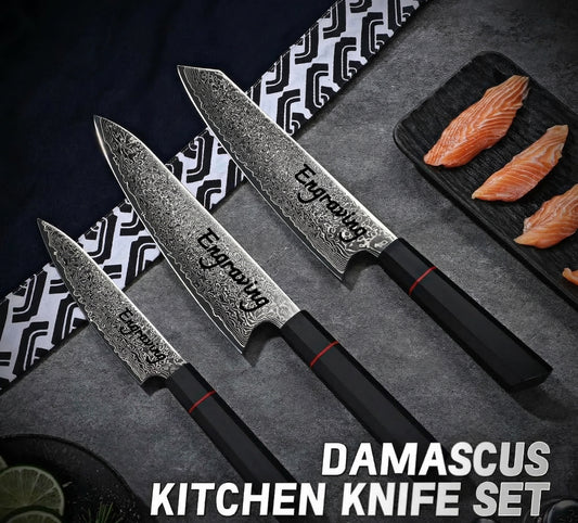 Chef Knife Set of 3 Engraved Damascus Knives G10 Carbon Fiber Handle