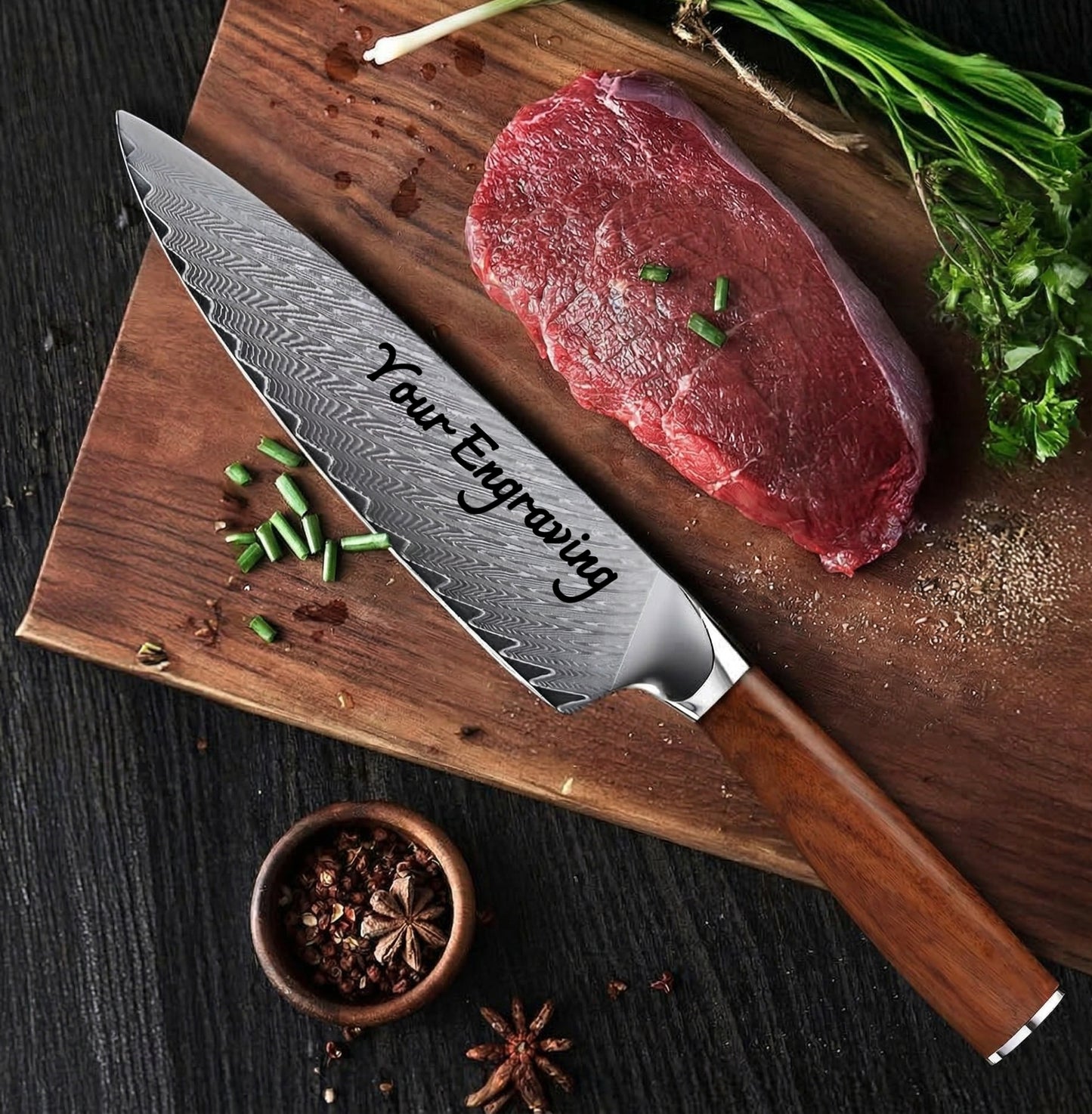 8" Engraved Chef Knife Damascus Chef Pakka Wood Handle