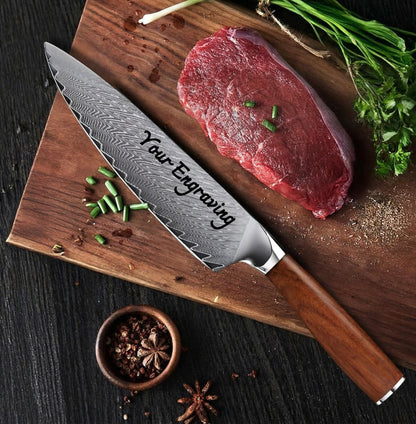 8" Engraved Chef Knife Damascus Chef Pakka Wood Handle