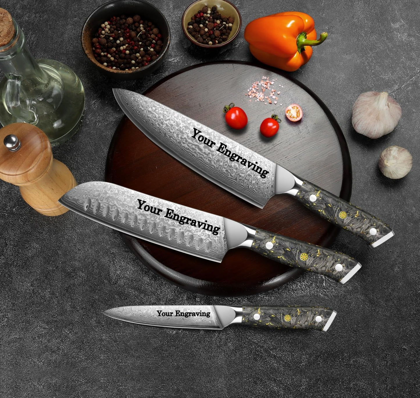 Set of 3 Chef Knives Engraved Damascus 8" Knife Gold Foil Handle