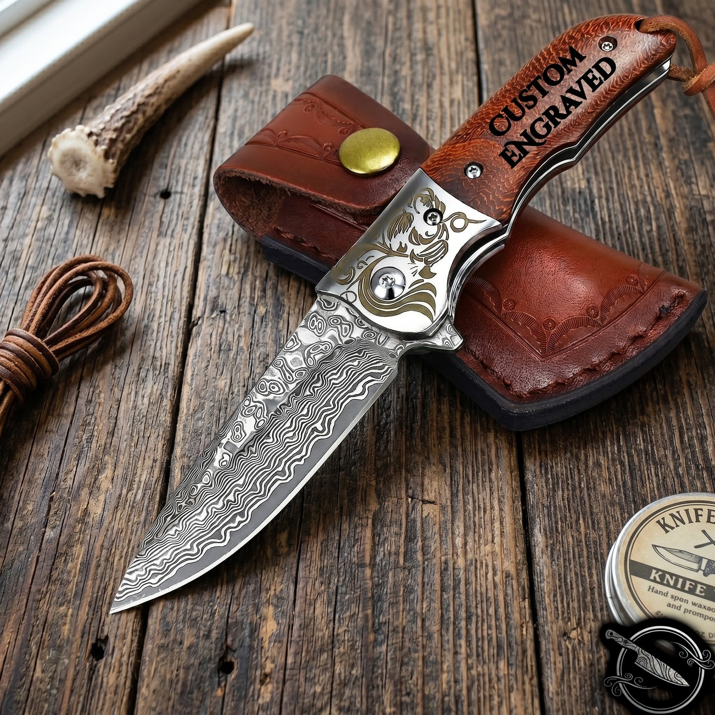 Rose Wood Handle Pocket Knife Damascus Blade