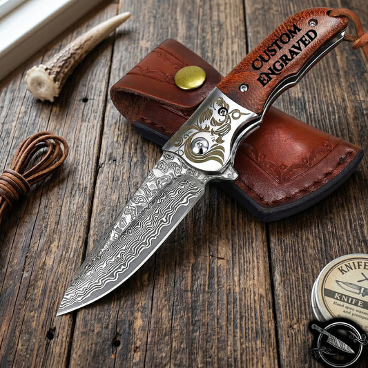 Rose Wood Handle Pocket Knife Damascus Blade