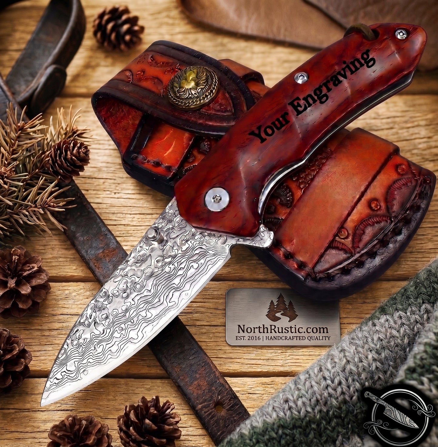 Damascus Folding Knife Red Sandal Wood Handle