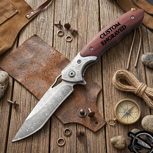 Engraved Damascus Pocket Knife Walnut Wood 3.54" Blade