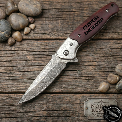 Damascus Folding Knife Rose Wood Handle