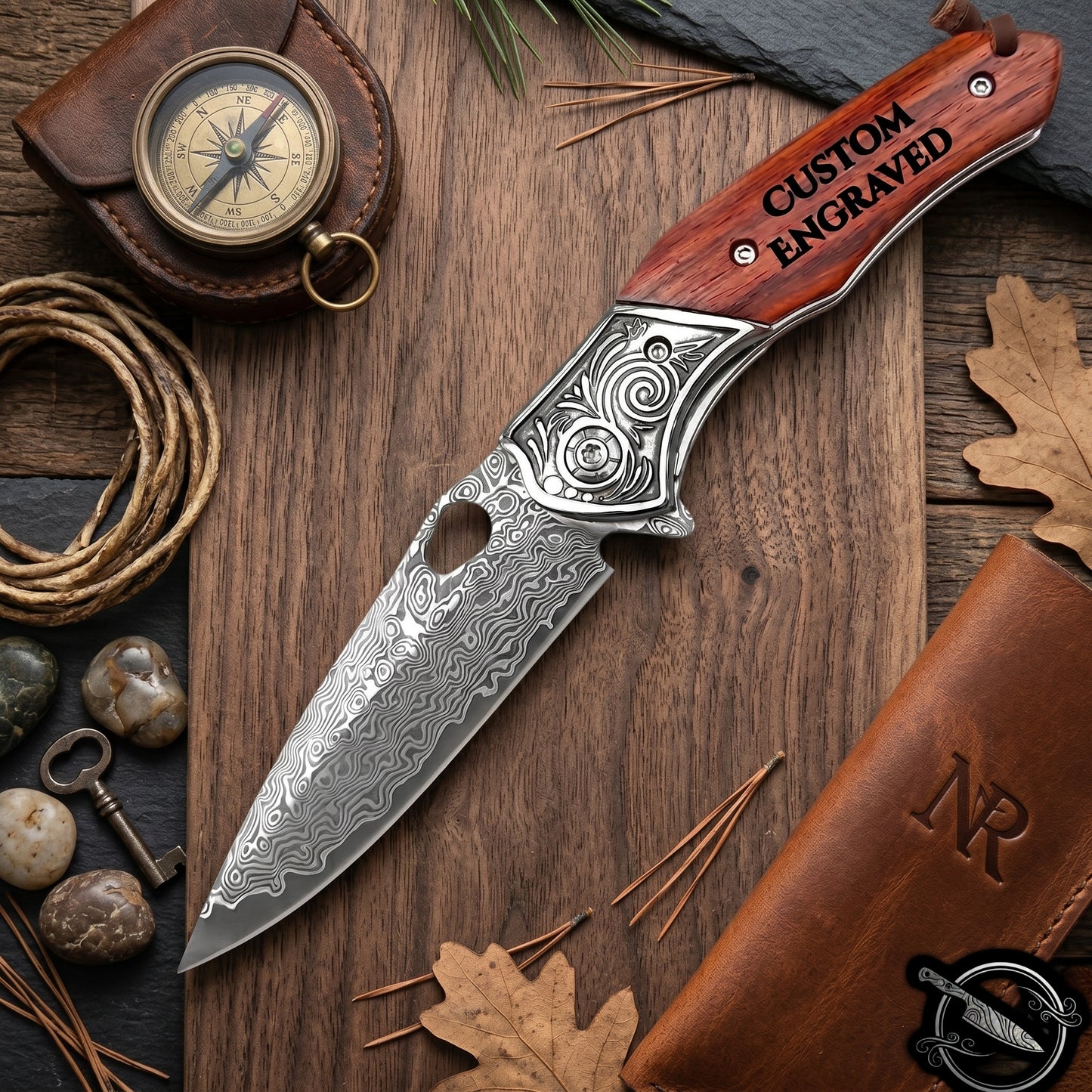 Damascus Folding Knife Rosewood Handle