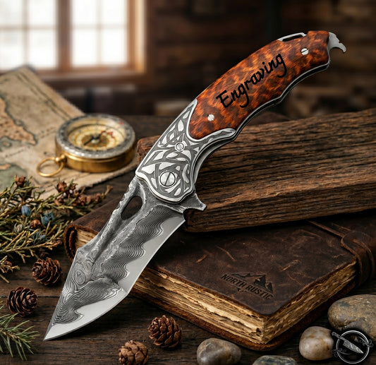 Premium Engraved Pocket Knife - VG10 Damascus Folding Knife - Personalized Customization - Stunning Snake Wood Handle - Unique EDC Gift NR50