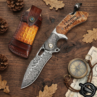 Burl Wood Handle Damascus Folding Knife