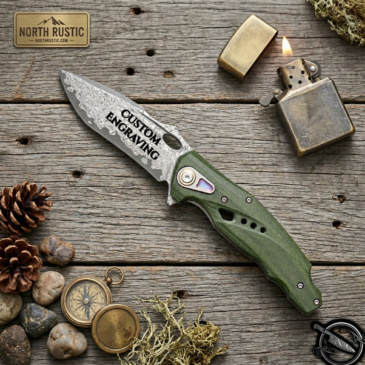 Green G10 Handle Damascus Pocket Knife