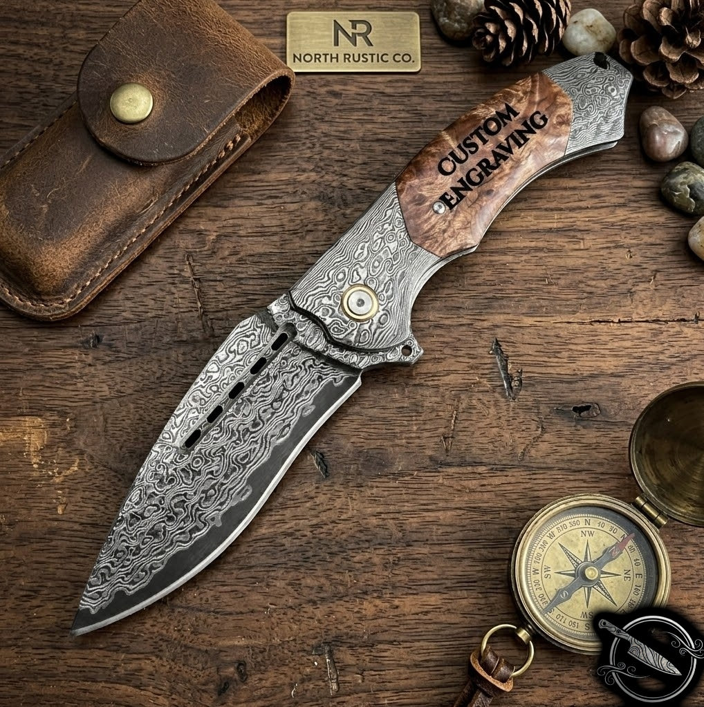 VG10 Damascus Folding Knife Sycamore Wood Handle