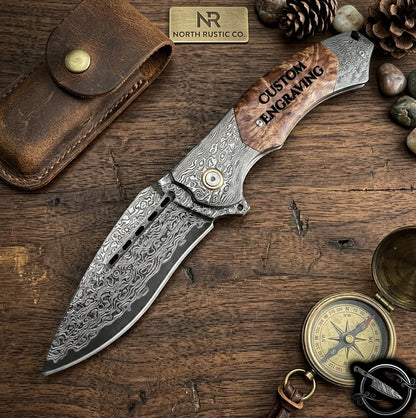 VG10 Damascus Folding Knife Sycamore Wood Handle
