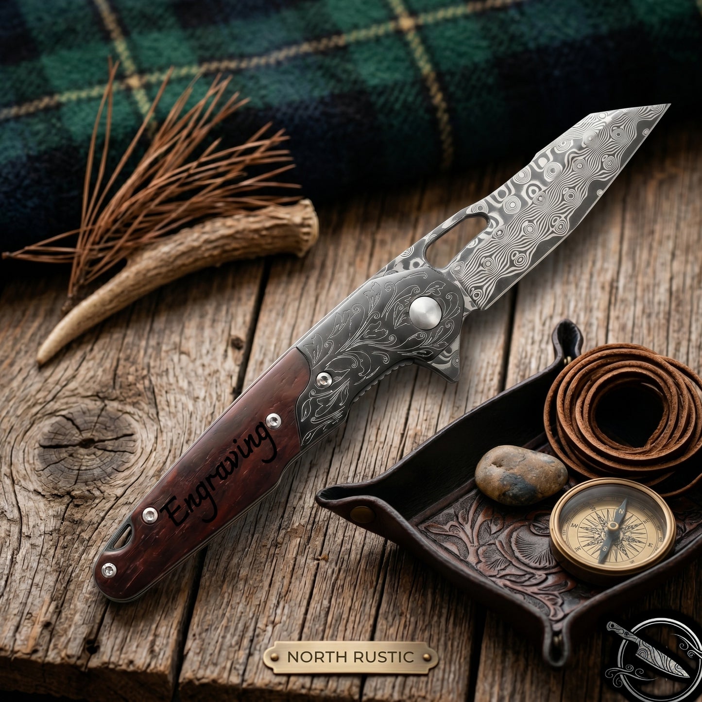 Damascus Folding Knife Rose Wood Handle 3.3" Blade