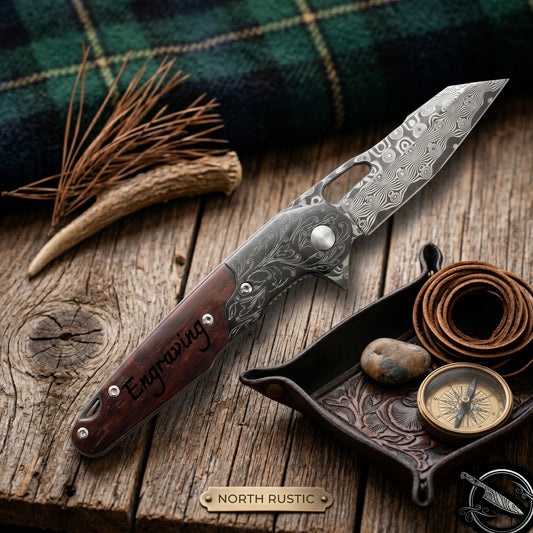 Damascus Folding Knife Rose Wood Handle 3.3" Blade