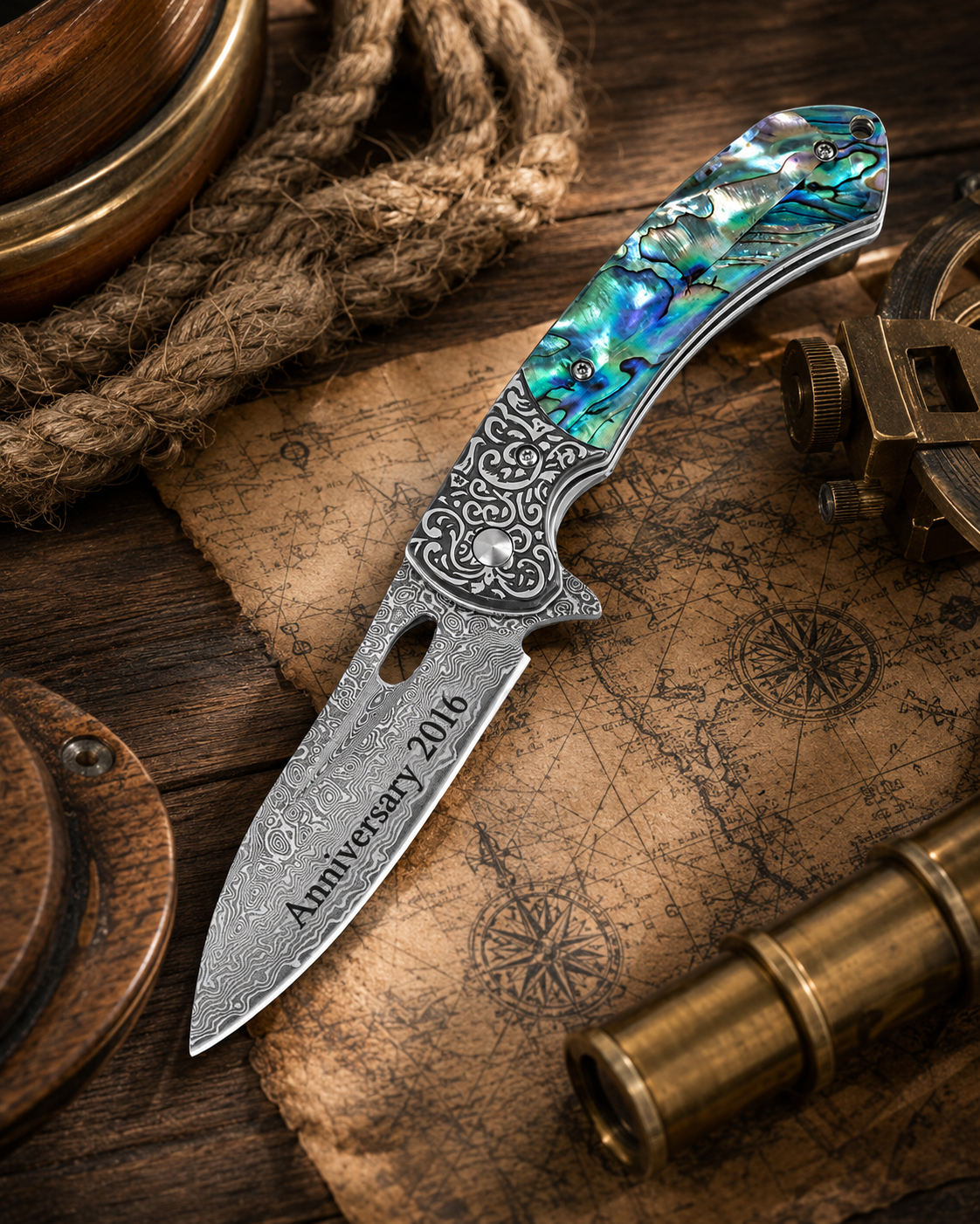 Abalone 3.54" Damascus Blade Folding Knife