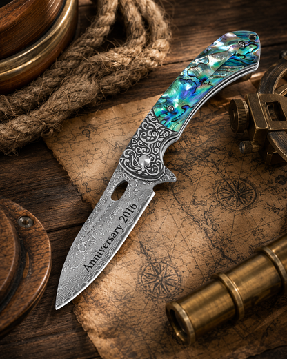 Abalone 3.54" Damascus Blade Folding Knife