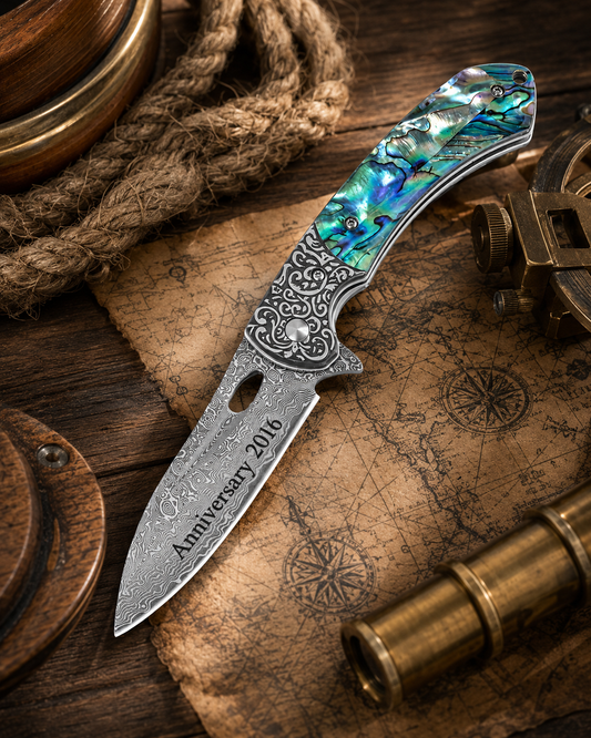 Abalone 3.54" Damascus Blade Folding Knife