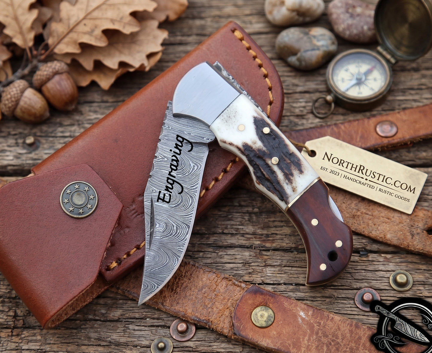 Deer Antler & Rosewood Handle 6.5" Damascus Folding Knife