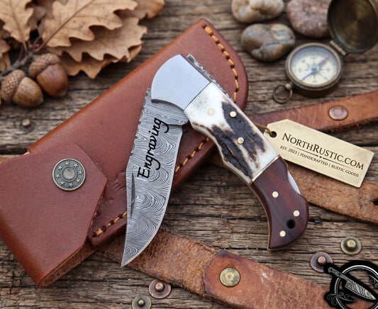 Deer Antler & Rosewood Handle 6.5" Damascus Folding Knife