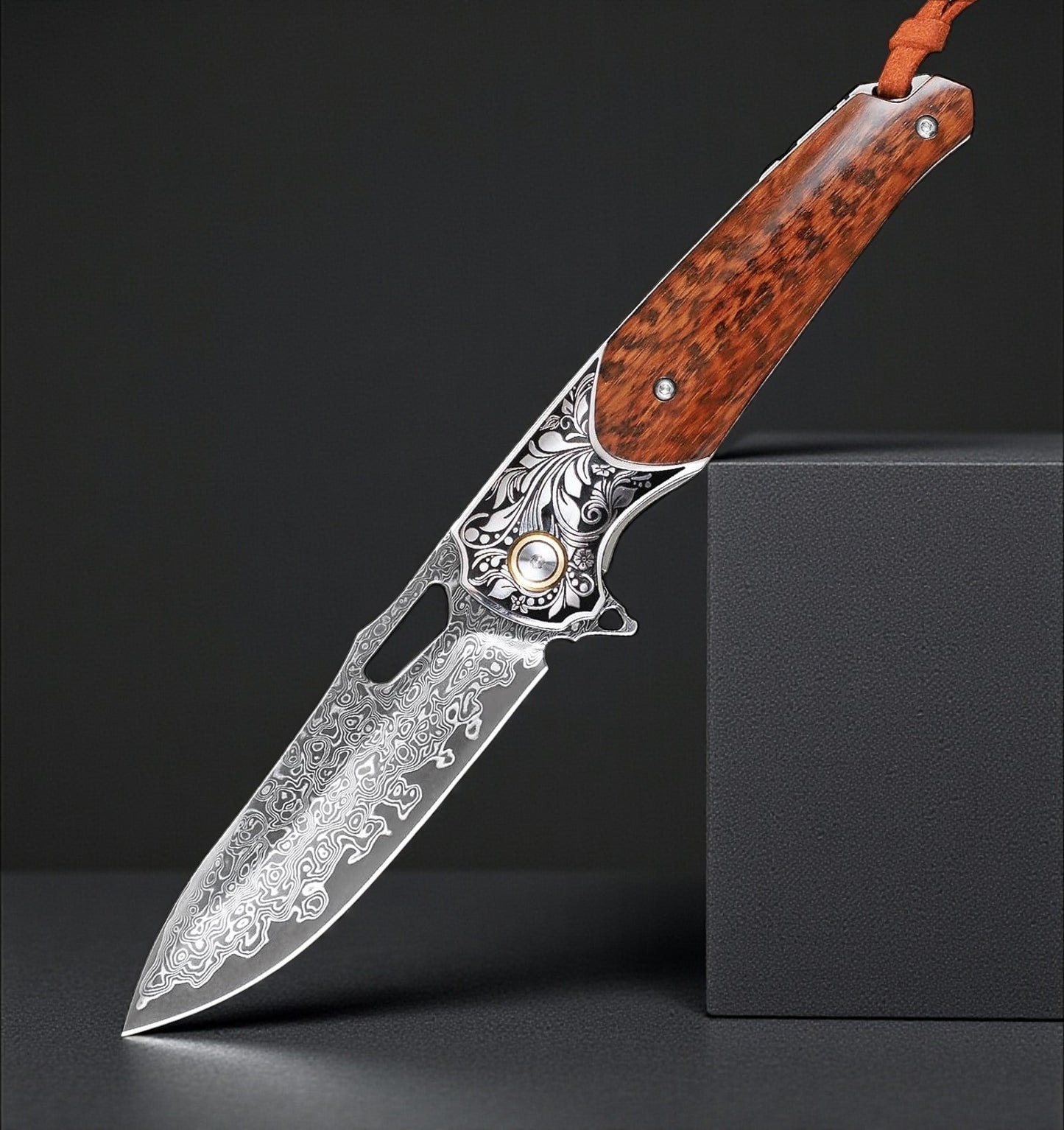 Engraved Damascus Pocket Knife Snake Wood Handle
