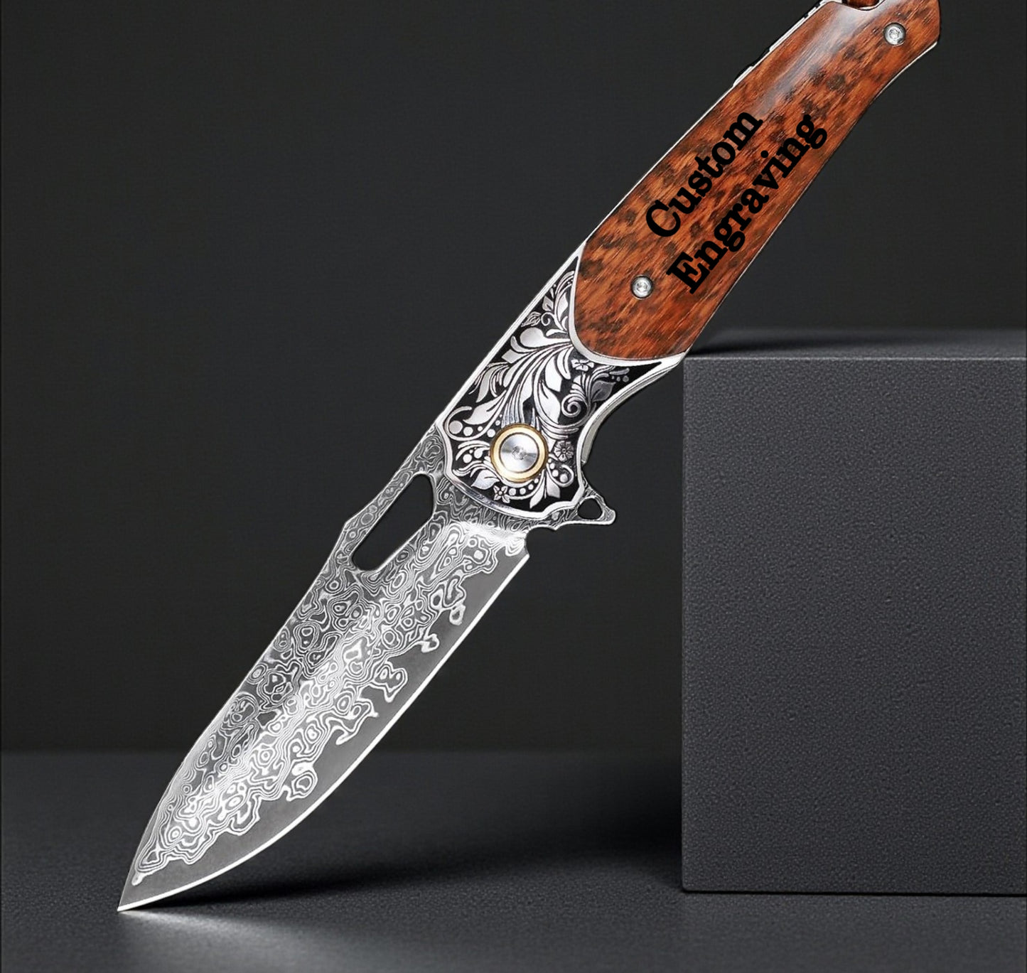 Engraved Damascus Pocket Knife Snake Wood Handle