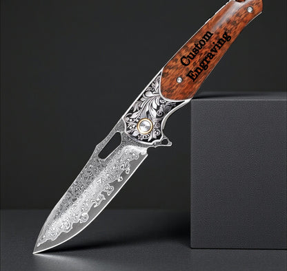 Engraved Damascus Pocket Knife Snake Wood Handle