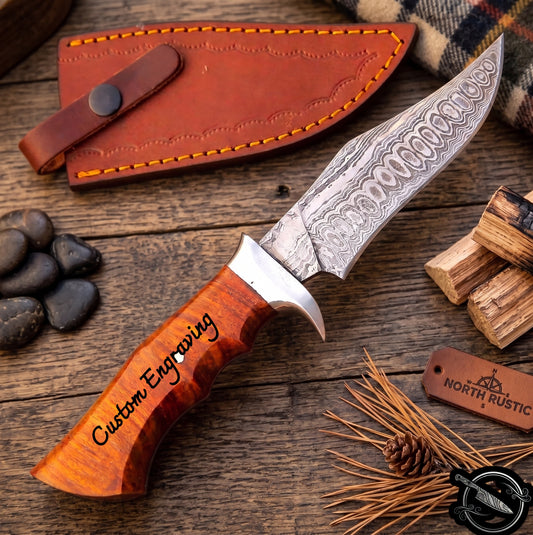 Burlwood Handle Damascus Hunting Knife