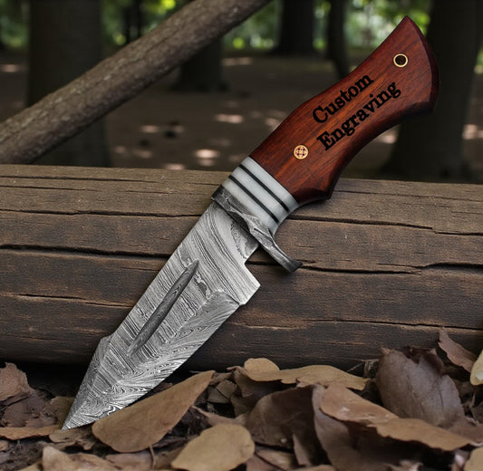 Damascus 10" Hunting Knife Rose Wood Handle