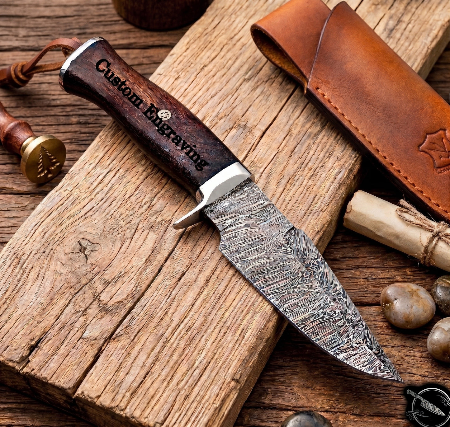 10" Damascus Hunting Knife Walnut Wood Handle