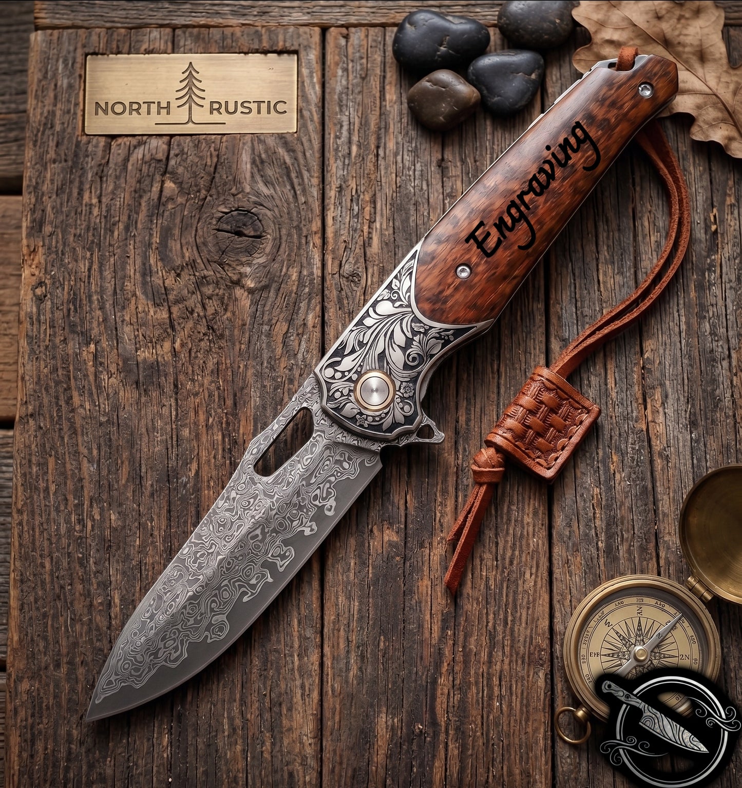 Engraved Damascus Pocket Knife Snake Wood Handle