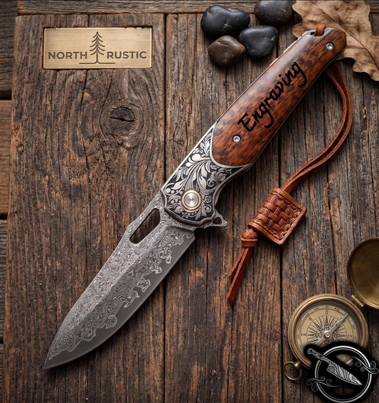 Engraved Damascus Pocket Knife Snake Wood Handle