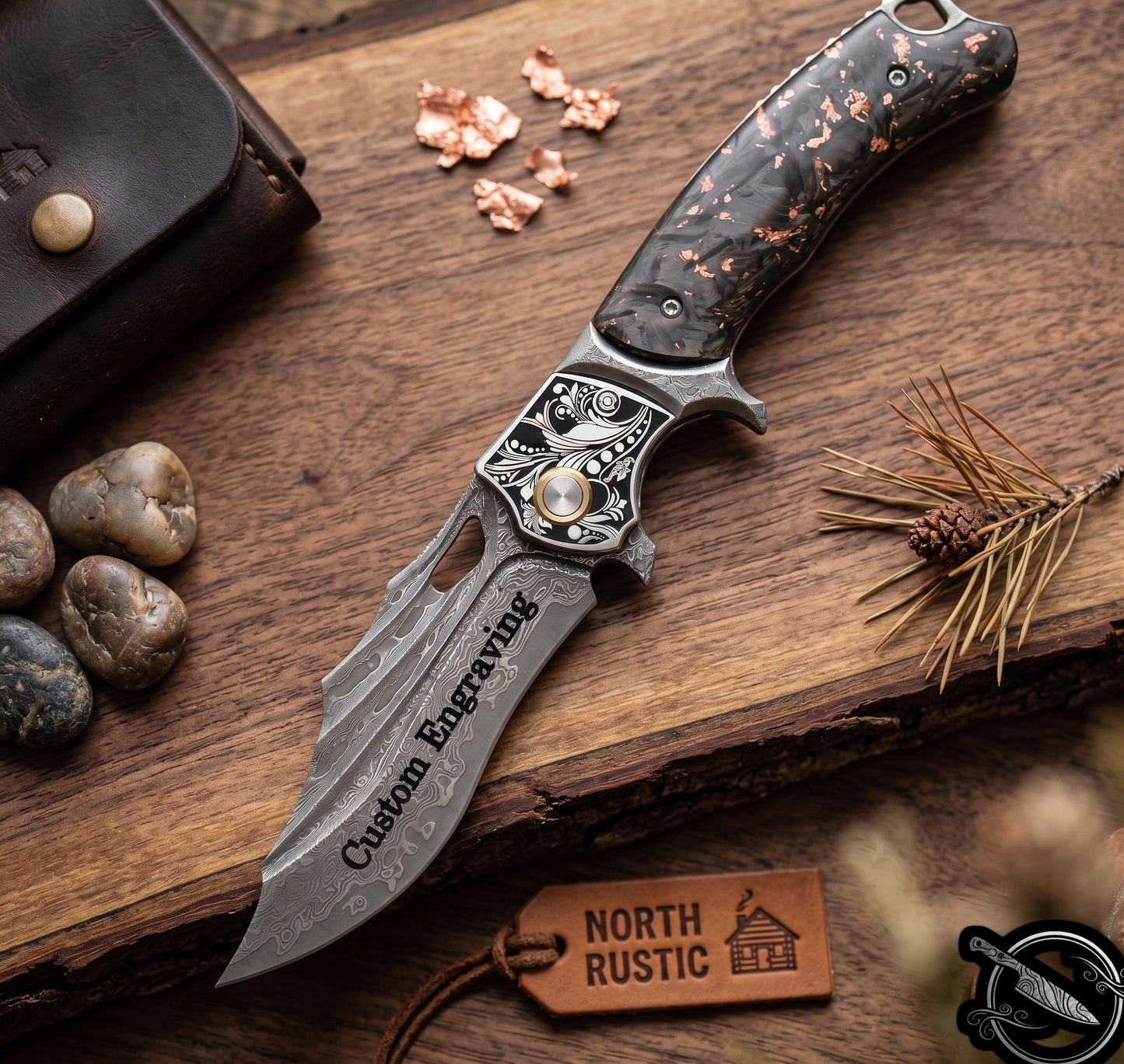 Gold Flake Damascus Pocket Knife Wave Pattern Engraved