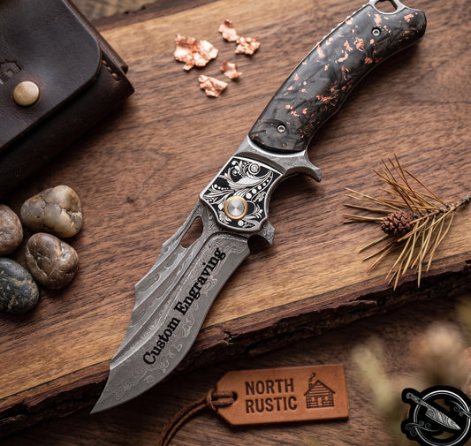 Gold Flake Damascus Pocket Knife Wave Pattern Engraved