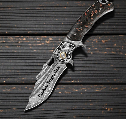 Gold Flake Damascus Pocket Knife Wave Pattern Engraved