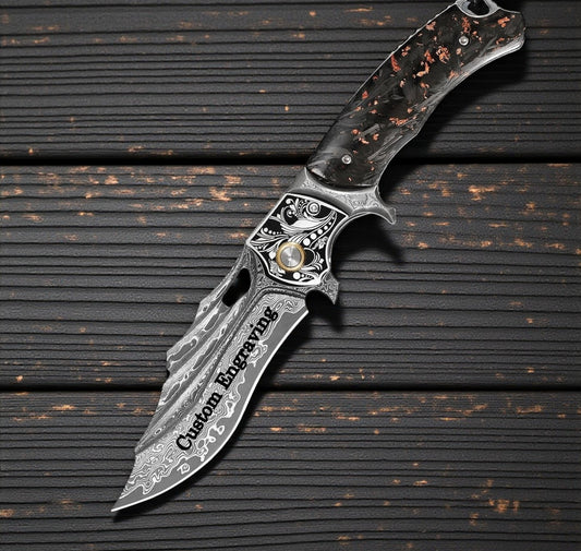 Gold Flake Damascus Pocket Knife Wave Pattern Engraved