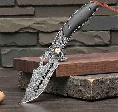 Damascus Folding Knife: Ebony Wood Handle, Engraved Pocket Knife Personalized