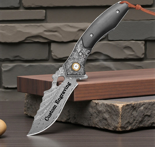 Damascus Folding Knife: Ebony Wood Handle, Engraved Pocket Knife Personalized