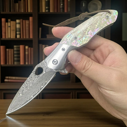 Tan Abalone Handle Engraved Damascus Pocket Knife