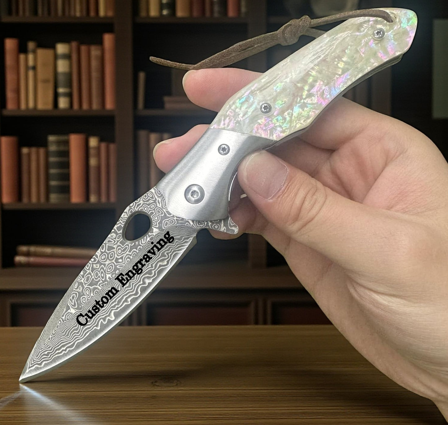 Tan Abalone Handle Engraved Damascus Pocket Knife